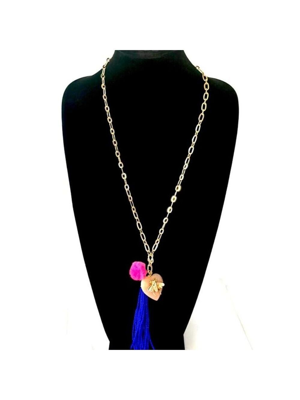 Gold Necklace with Pink Heart, Bee Charm & Blue Tassel | NEW